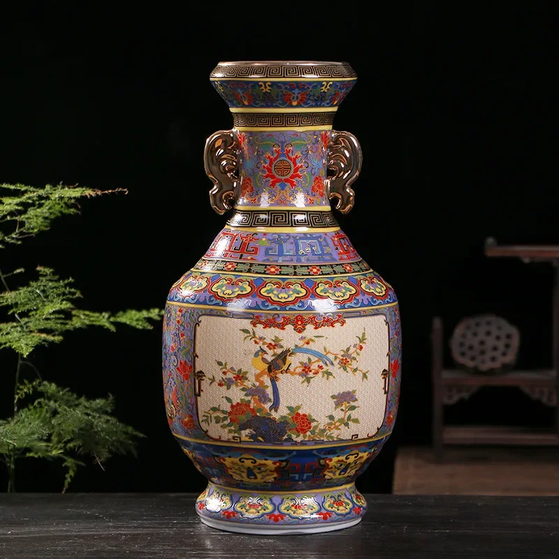 for Antique Chinese Porcelain Enamel Color Window Binaural Flower and Bird Bottle Jingdezhen Home Living Room Ceramic Vase