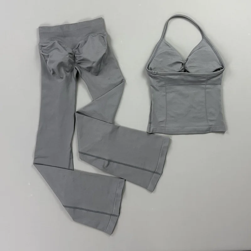 2 Piece Sport Flares Leggings Set Women Longline Strappy Top and Fitness Flared Pants Sets Yoga Running Workout Gym Pant Suit