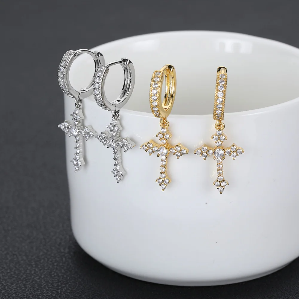 Luxury Women'S High End Hoop Iced Earrings Jewelry Plated Bling Cz Stone Iced Cubic Zirconia Cross Pendant Drop Shipping