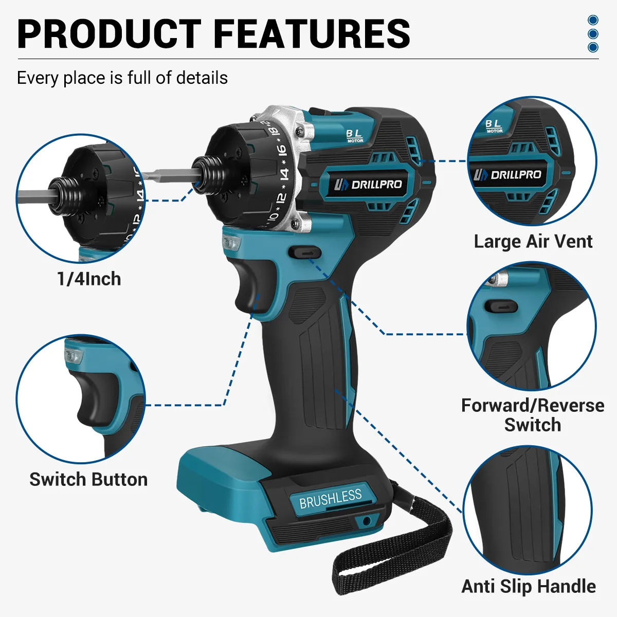 Drillpro 1/4inch 20+1 Torque Brushless Electric Screwdriver Cordless 280N.m Electric Drill Power Tool For Makita 18v Battery