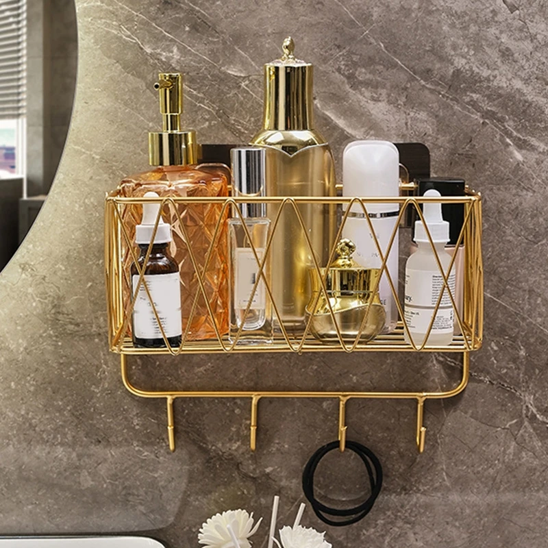 Shower Shelf Organizer Rack Bathroom Shelf No Drill Wall-Mounted Golden Iron Toiletries Storage Rack with Hook for Shampoo Home