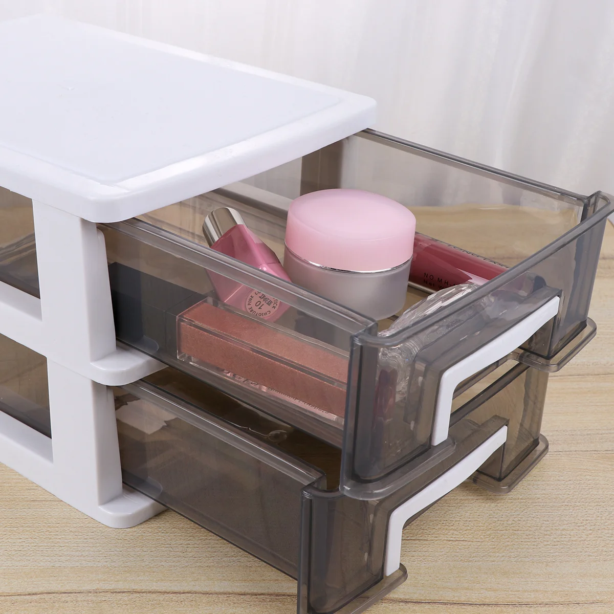 

Double-Layer Desktop Storage Cabinet Plastic Drawer Portable Multifunction Storage Box White Frame Transparent Black for Study