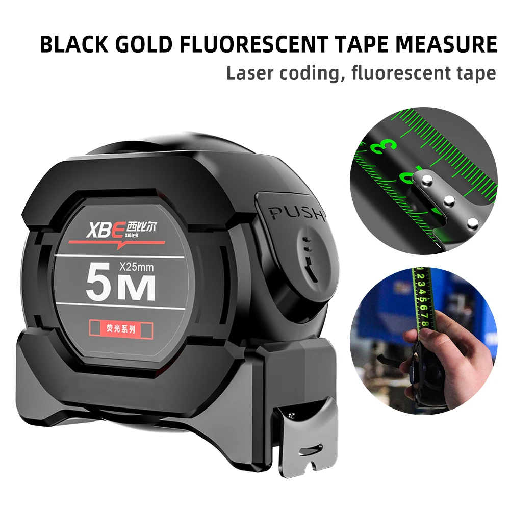 

Self locking fluorescent steel tape measure high-precision laser inkjet code box ruler measuring tool 5-meter widened meterruler