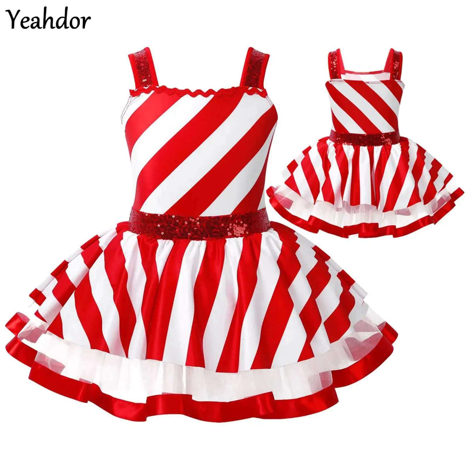 

Girls Candy Cane Striped Mesh Tutu Ballet Leotard Dress Sequin Christmas Dance Costume Sleeveless Figure Ice Skating Performance
