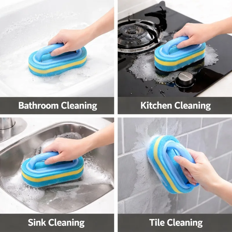 Household Cleaning Brush with Handle Dish Soap Bathroom Kitchen Tub Thicken Scrubbing Sponge Wipe Durable Tools Accessories Home view 3