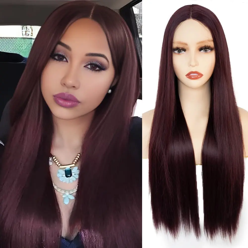 Long Straight Burgundy Wigs for Women Middle Part Synthetic Wigs Natural Looking Heat Resistant Fiber Wigs for Daily Party Use