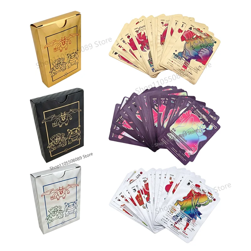 27 Stück/55 Stück Pokemon-Karten Goldfolie Goldene Buchstaben Englische Version Rinbow Vmax EX GX Schwarz Silber Karte Pikachu Batt-Serie Geschenk