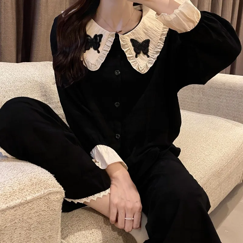 Casual Spring Autumn Summer Black Home Dress Pants Set Can Worn Outside  Sleepwear Simple Butterfly Long Sleeve Pajamas Women