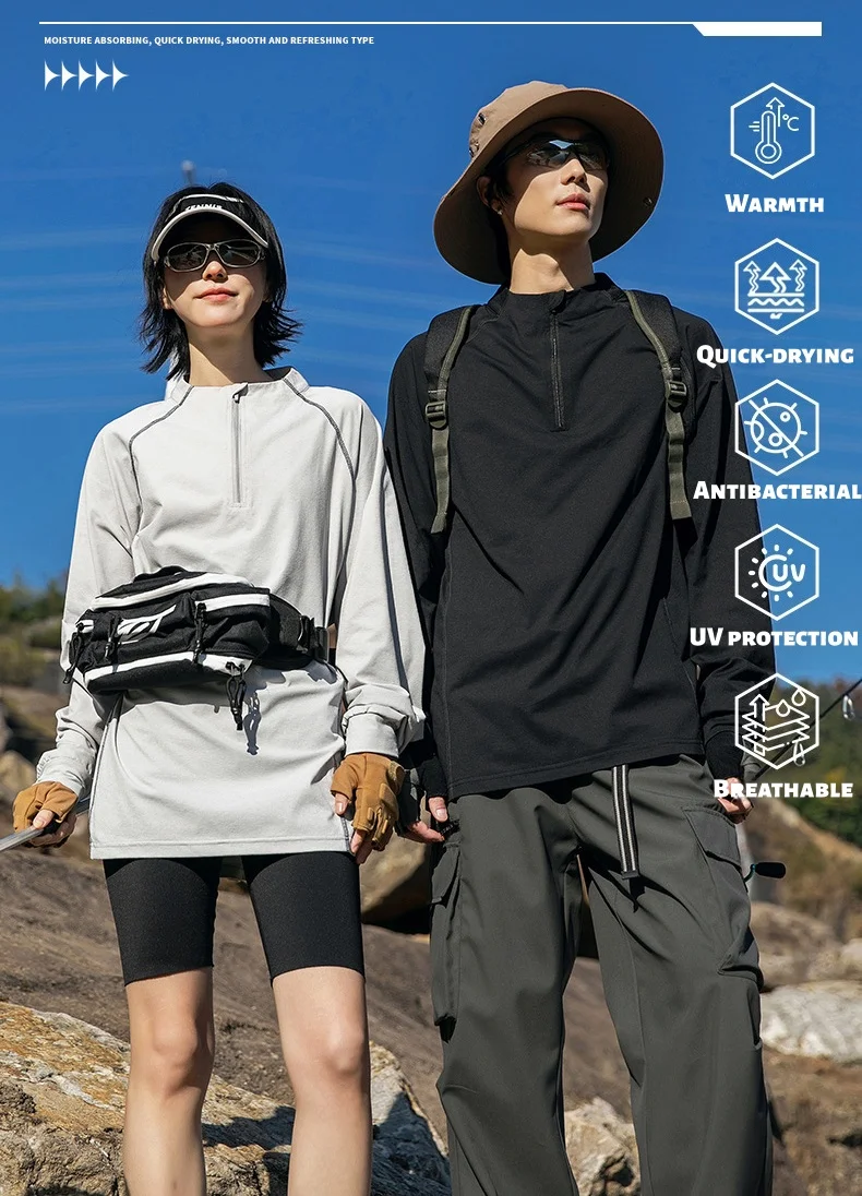 

Men Women Outdoor Sports Quick-Dry Long-Sleeve T-Shirt Crew-Nec Half-Zip Slim-Fit Top Breathable Moisture-Wicking Warm