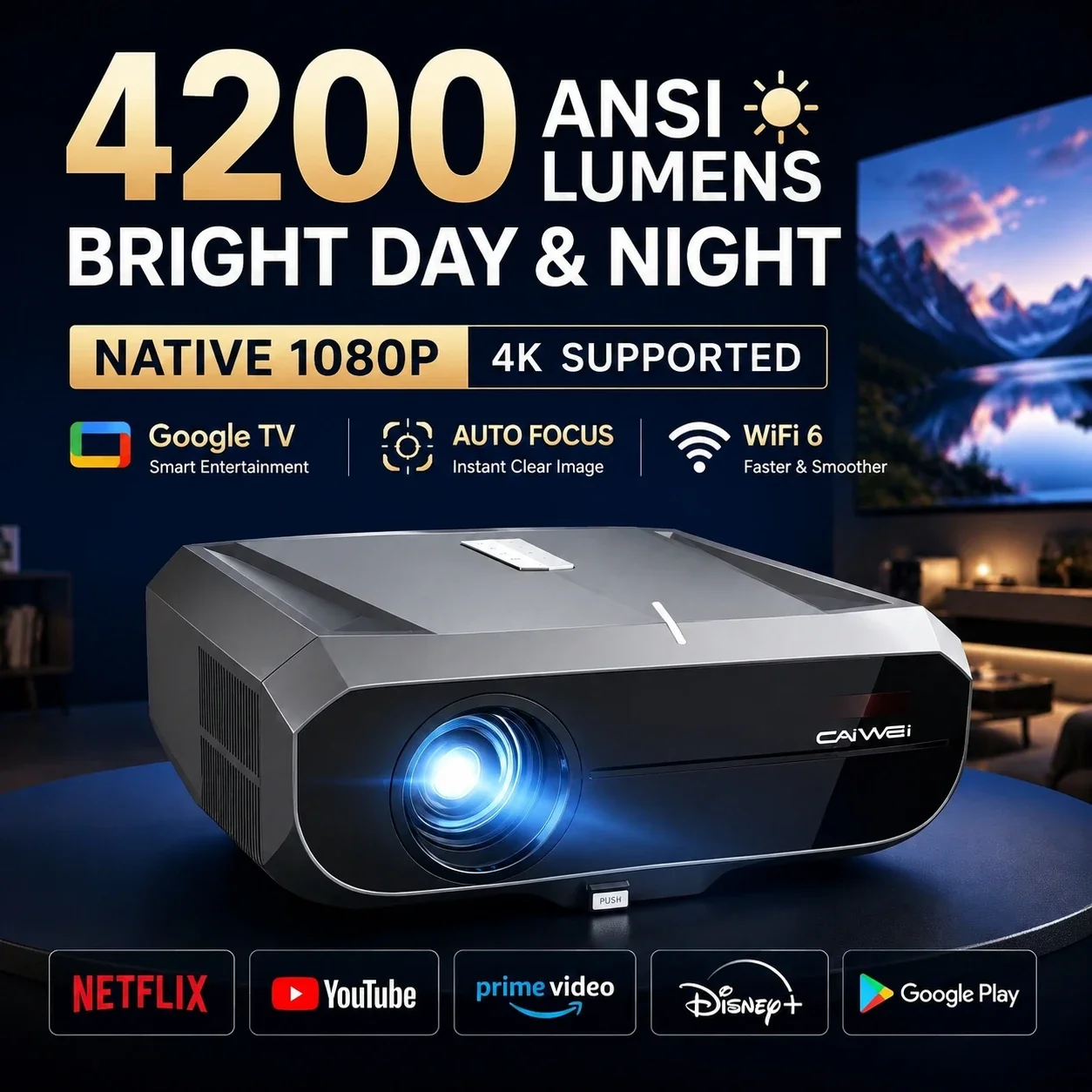 New 4K UHD Projector Smart Google TV Native 1080P Wifi6 Auto Focus Auto Lens Cover Dual Speaker Home Cinema Daylight Beamer 2026