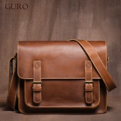 GURO Retro Messenger Bag Crazy Horse Leather Shoulder Sling Bag Men's Deluxe Weekend Crossbody Cambridge Bags For 12.9 Inch Ipad