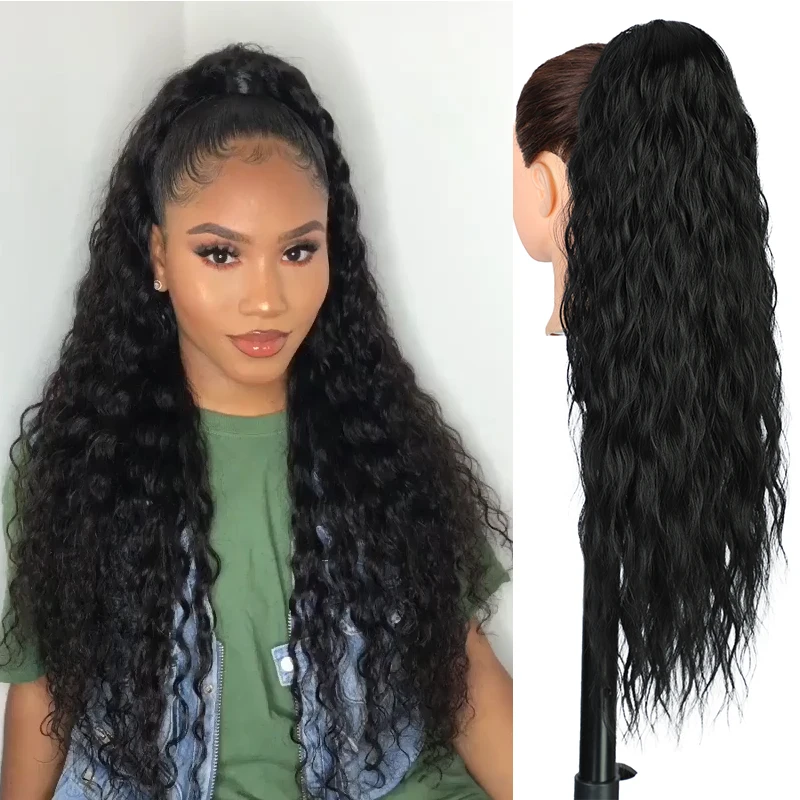 Synthetic Wavy Drawstring Ponytail Hair Extension Long Water Wave Ponytail Hair for Women Honey Blonde Curly Pony Tail Fake Hair