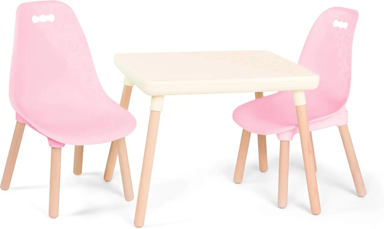 

Table and Chair Set- Furniture For Toddlers- 1 Craft Table & 2 Chairs- Natural Wooden Legs- Pink & Ivory- 3 years +