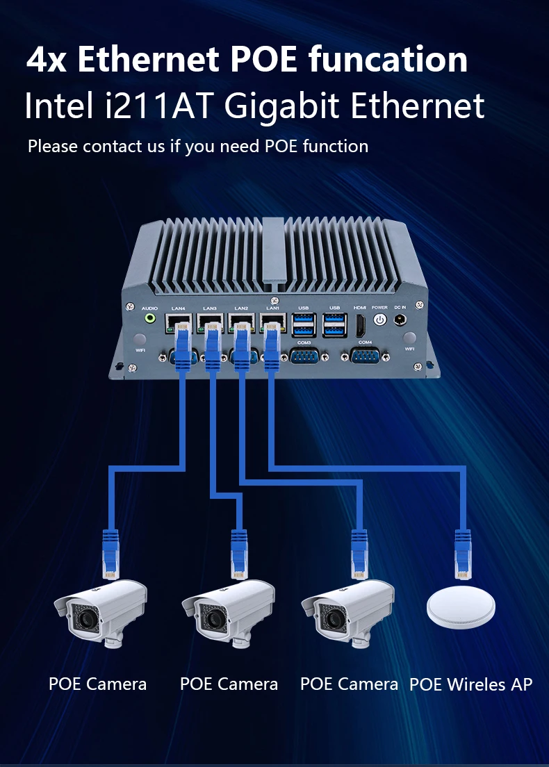 Industrial Mini PC Intel i5 i7 8th/10th 6x COM RS232/485 4x 2.5G Etherent POE GPIO 8xUSB HDMI Mini-PCIe Win11/10 Linux DC9V-36V