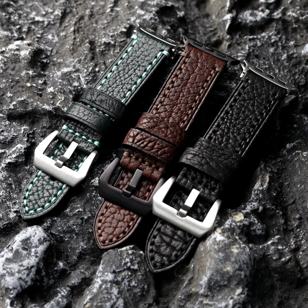 Handmade Lychee Grain First Layer Cowhide Leather Strap For Apple Watch Ultra2 S9 49mm 45MM Brown Black Soft Thickened Bracelet