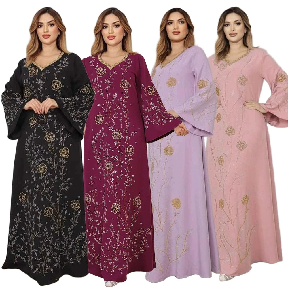 

Arab Women Hot Drilling Long Dress Ladies Fashion Rhinestones Dress Dubai Party Gown Kaftan Muslim Burqa Islamic Abaya