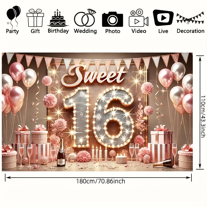 Sweet 16 Birthday Party Banner Decoration - Polyester background for 16th birthday celebration