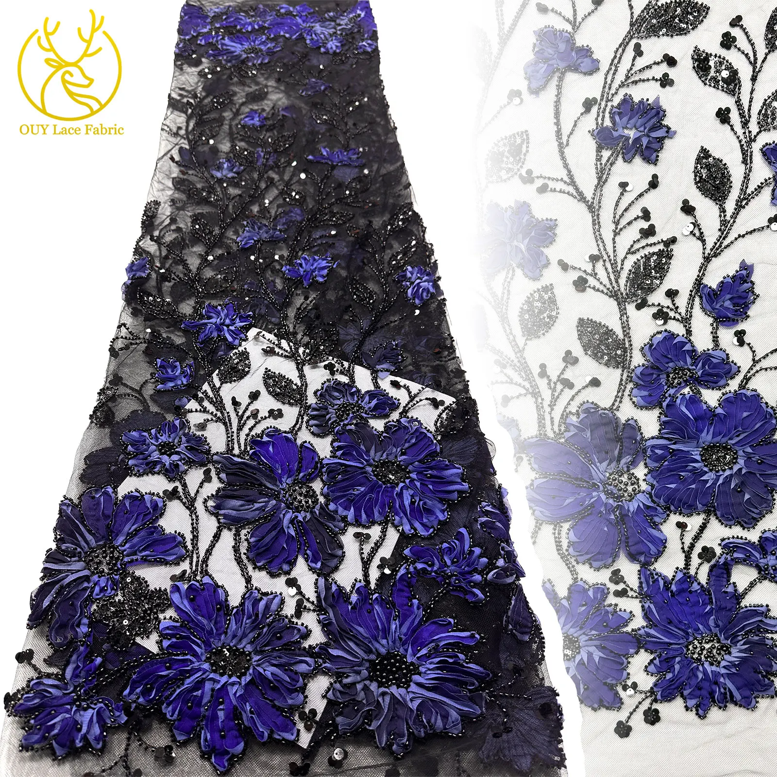 

New African Beaded Lace Fabric 5 Yards High Quality Nigerian French Sequin Tulle Lace Fabric For Dinner Wedding Dress Sewing