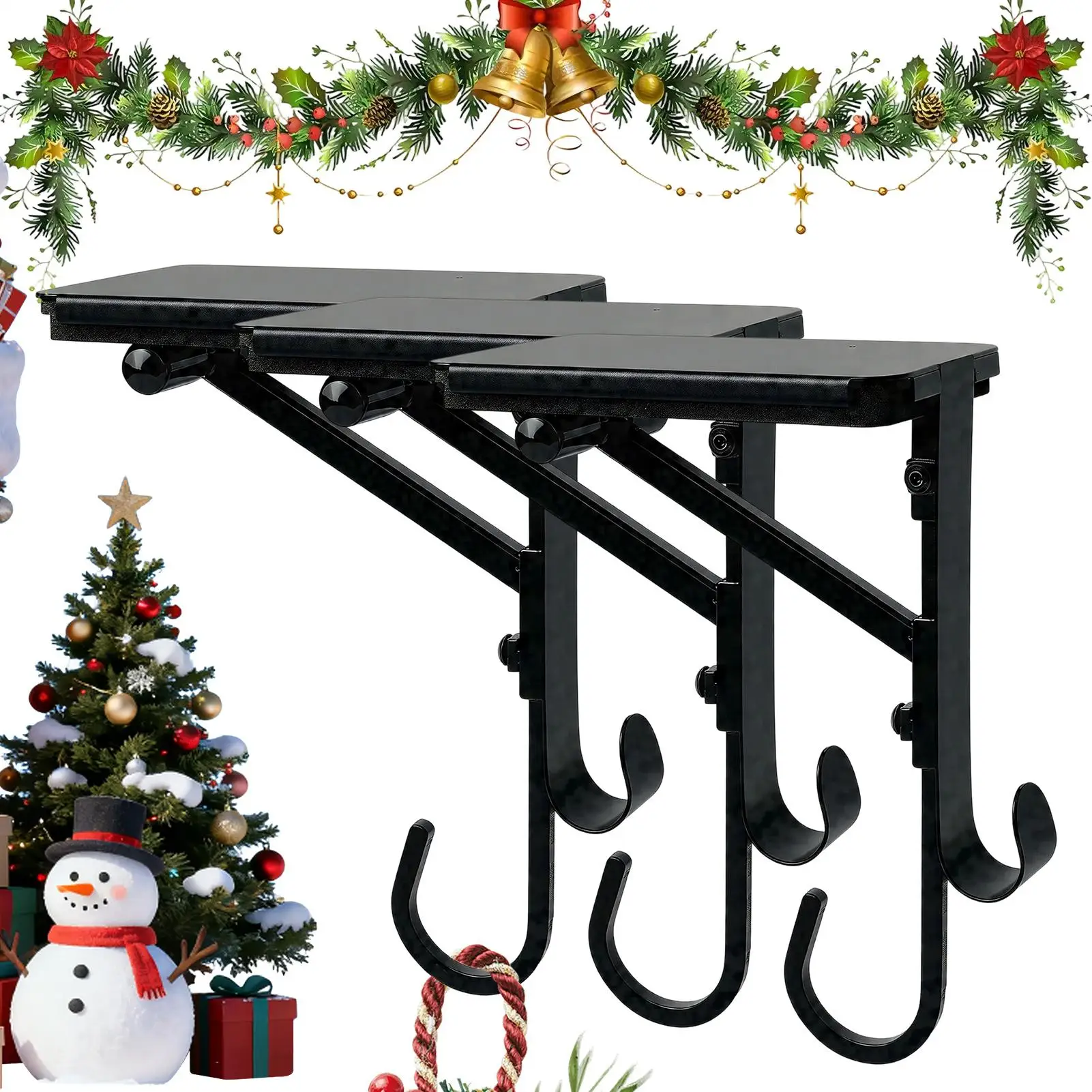 3PCS Metal Hooks Fireplace Stocking Garland Hanger Heavy Duty No Drill Adjustable Christmas Stocking Rack Christmas Decoration