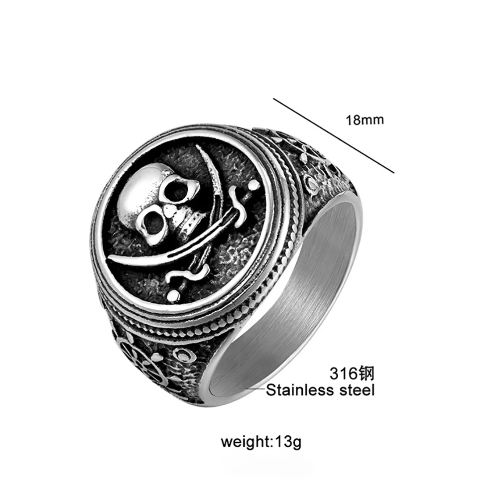Men's 316 Stainless Steel Vintage Pirate Skull & Crossed Swords Ring Punk Gothic Rock Biker Jewelry Hypoallergenic Dark Style