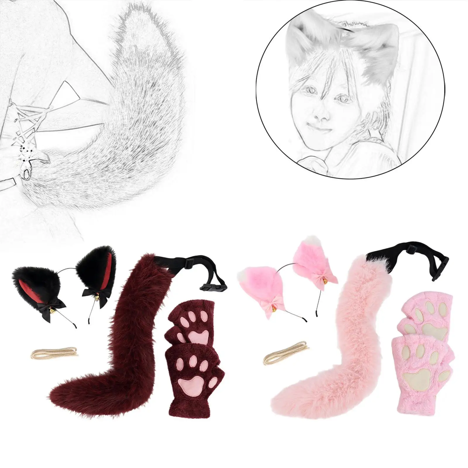 مجموعة آذان القطط والخفوف والذيل من القطيفة، إكسسوارات شعر لطيفة على شكل رباط شعر