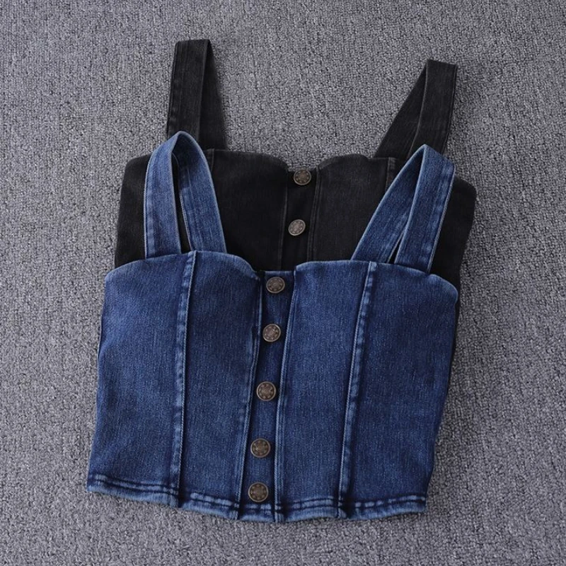 

European Style Summer Women Square Collar Bleached Blue Denim Camis Top, Woman Designer Fashion Strap Tops