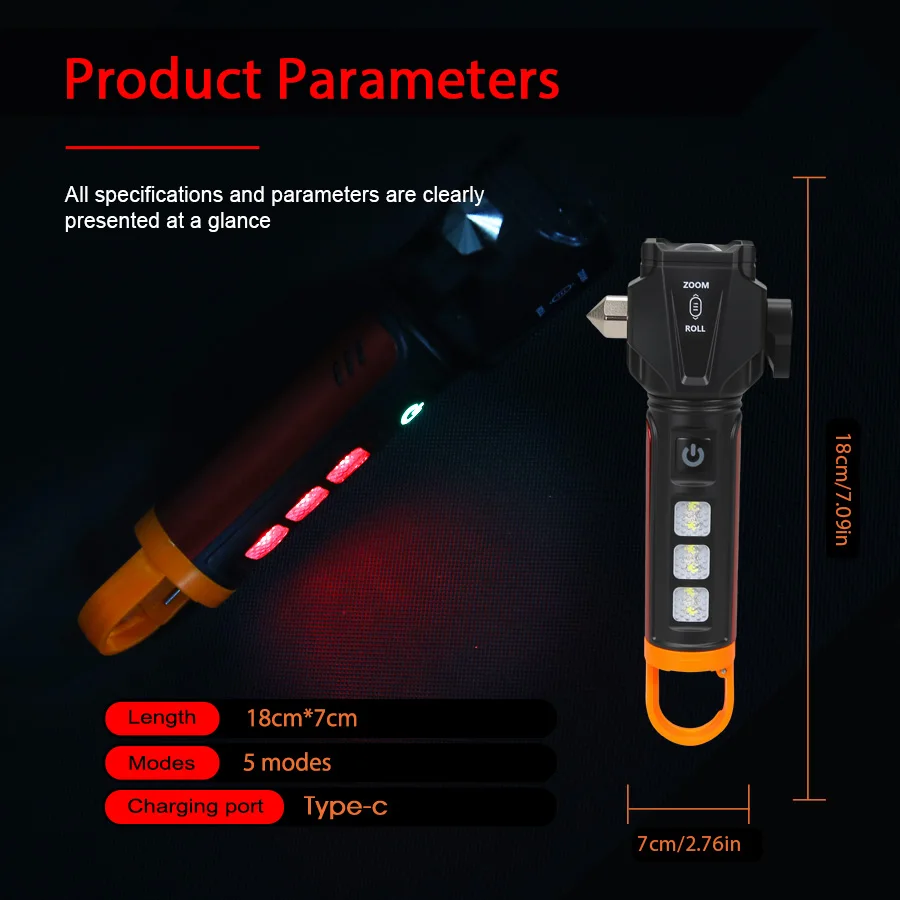 Torcia a LED super luminosa Torcia ricaricabile USB Lampada da campeggio con gancio a luce forte per esterni Torcia a martello Luce rossa di emergenza