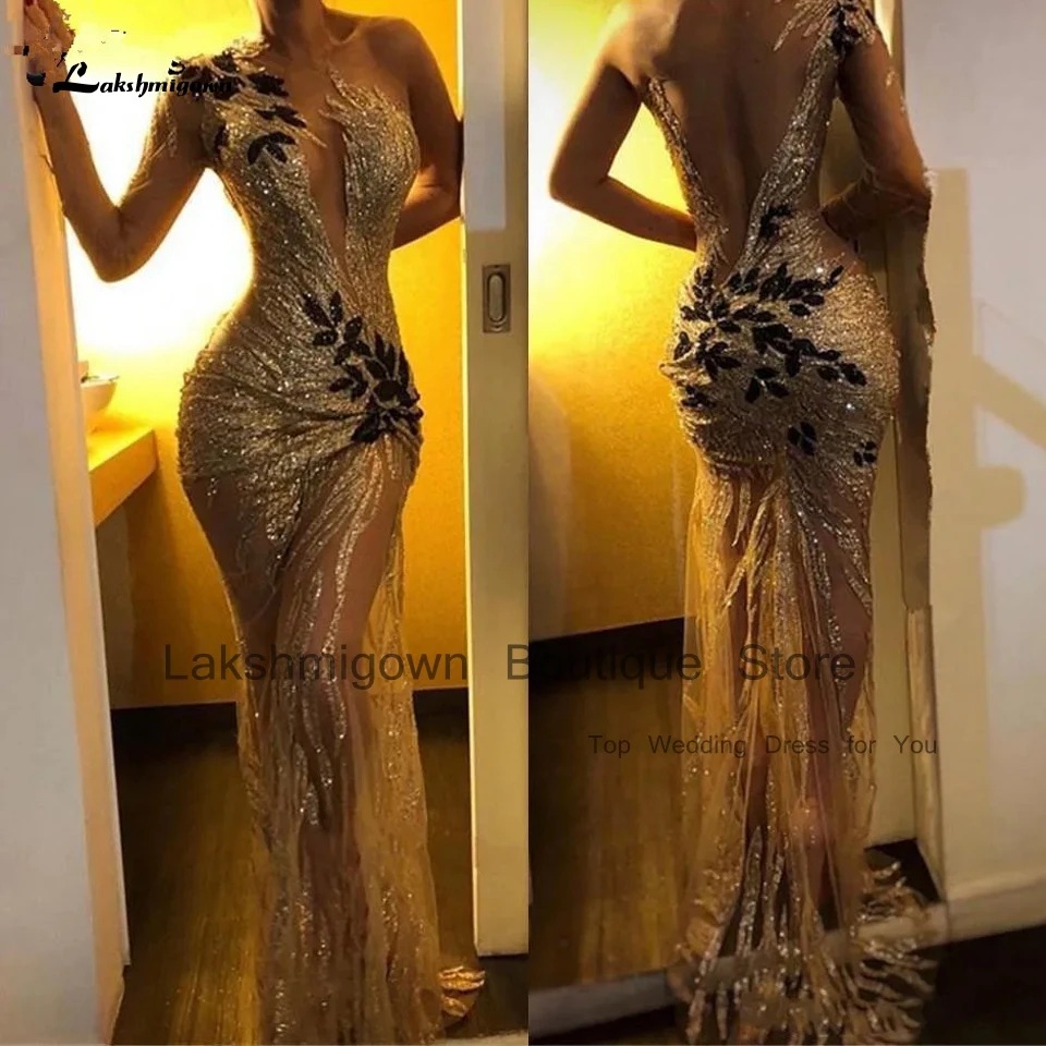 Lakshmigown Gorgeous Gold Long Sleeve Dress Party Evening Gowns For Women 2024 Vestidos Sexy Mermaid Glitter Prom Dresses