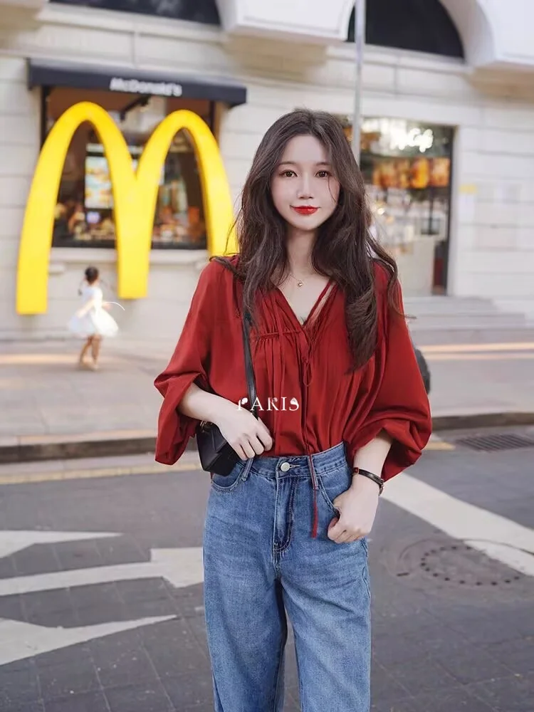 

SOEUR BKAC Double-Sided Wear V-Ne Bow-Tied Silk irt Women's Spring Season irt Loose Fit Long Sve Regular Length