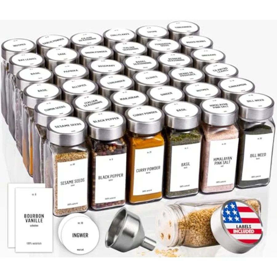 

Glass Spice Jars with Label 36x4oz [WHITE LABELS incl] Spice Containers with Labels, Shaker Lids and Funnel - Empty Herb Season