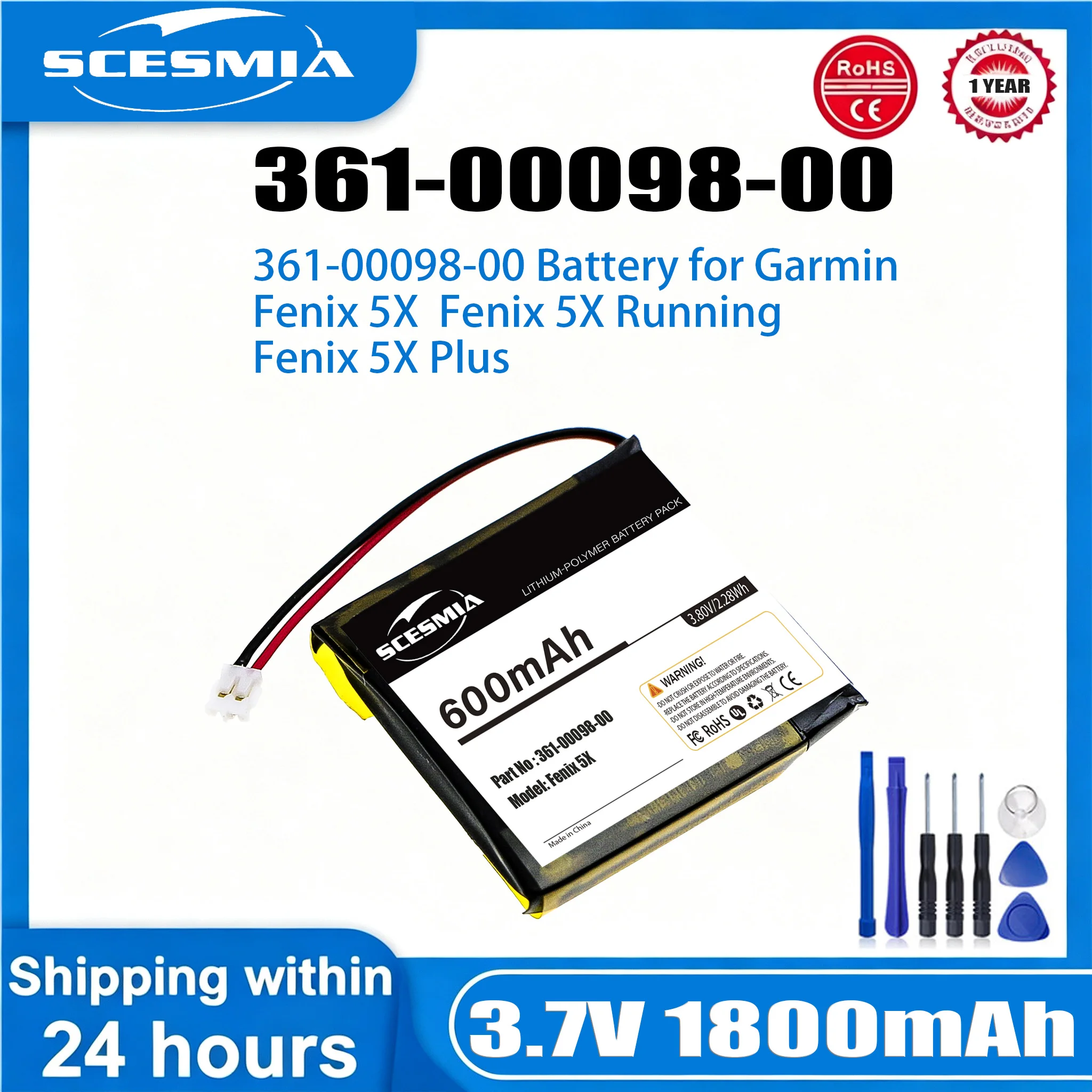 

Smartwatch Battery 3.7V/600mAh 361-00098-00 for Garmin Fenix 5X,Fenix 5X Running,Not fit Fenix 5s Plus