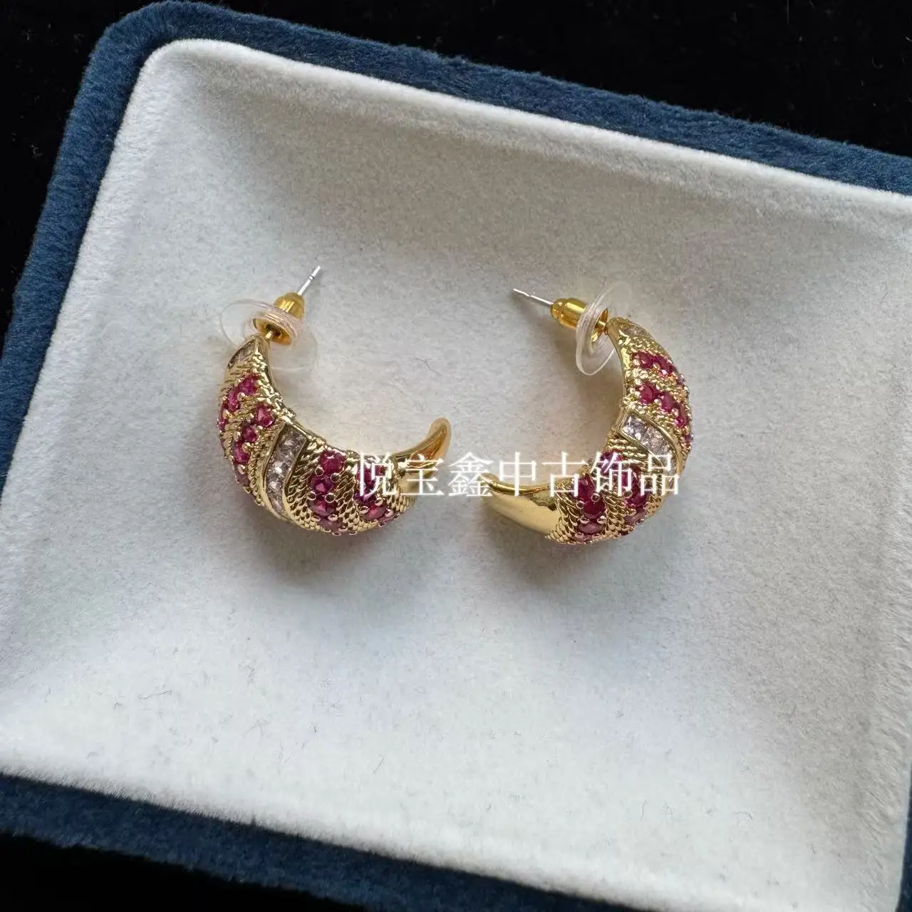 Earrings 925 silver needle zircon inlaid red corundum c-shaped stud earrings versatile temperament niche design vintage