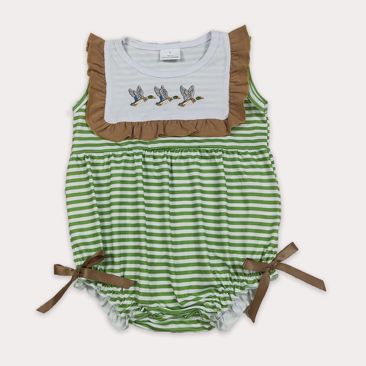 Newborn Comfy Embroidery Ducks Baby Girls Sleeveless Green Stripe Ruffle Rompers Toddler Infant Jumpsuit Kids Onesies Wholesale