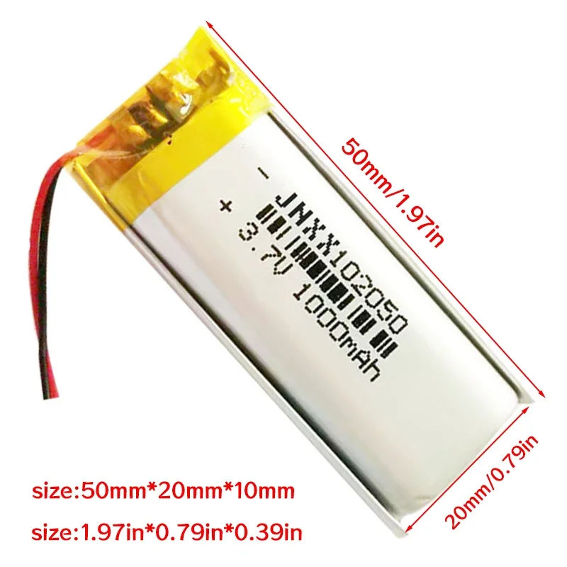 3.7V 1000mAh 102050 Lipo Cells Lithium Polymer Rechargeable Battery for GPS Recording Pen LED Light Beauty Instrument Speaker