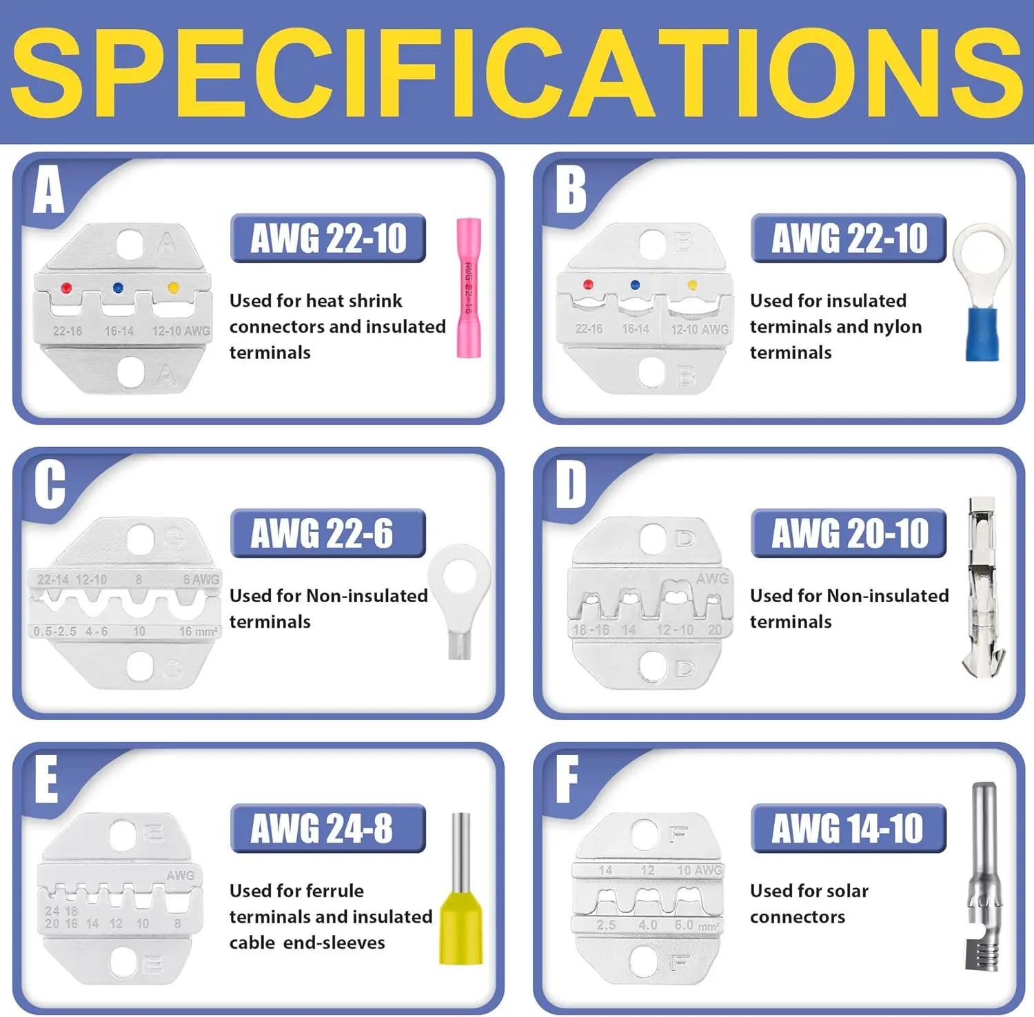 6PCS Ratchet Wire Crimping Tool Set for Heat Shrink, Insulated, Non-Insulated Terminals and Solar Connectors