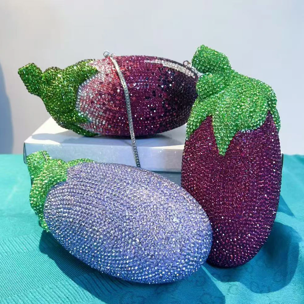 Eggplant Shaped Crystal Clutch Purse Luxury Diamond Evening Bag Rhinestone Handbags Bridal Wedding Stone Clutch Party Purses
