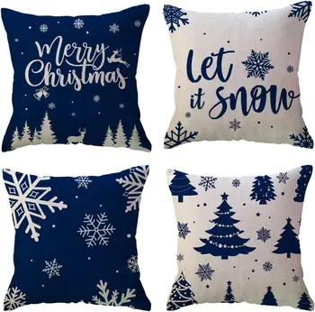 Funda de almohada de decoración de vacaciones de invierno, copo de nieve azul, árbol, Feliz Navidad, funda de cojín adecuada para sofá, porche