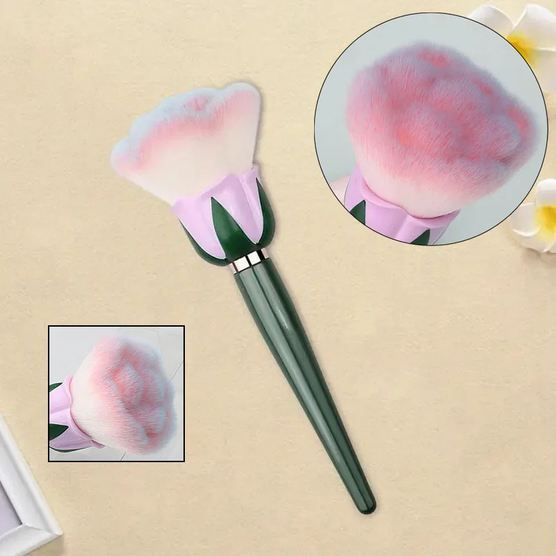 Pennello per trucco a forma di fiore di rosa Manico in legno Pennello per fard in polvere super grande con setole rosa morbide Strumento cosmetico multiuso