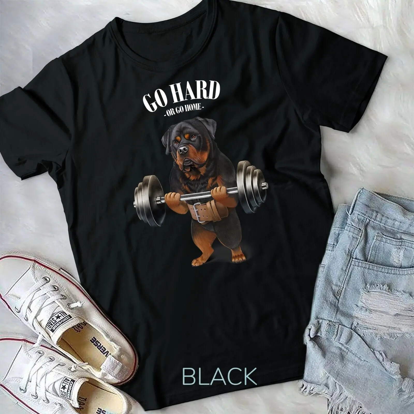 Rottweiler Dog Weightlifting in Fitness Gym Unisex T-shirt