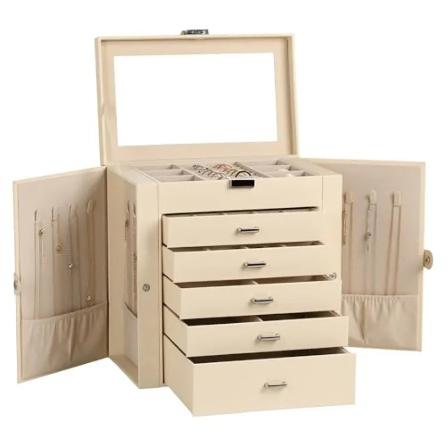Jewelry Box, 6-Tier PU Leather Jewelry Organizer, Multi-functional Storage Case with Mirror, Accessories Holder with 5 Drawers