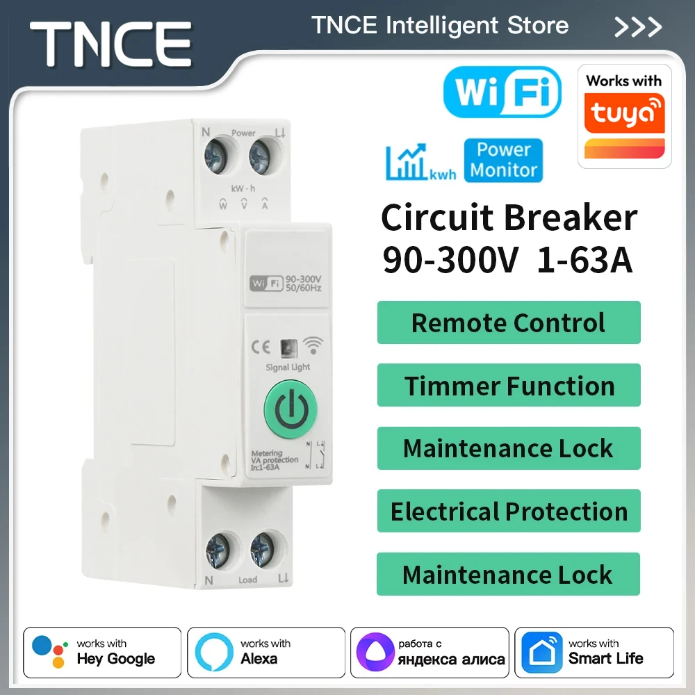 TNCE Tuya MCB Smart Circuit Breaker, WiFi zigbee Over Current Under Voltage Protection Power Meter 63A, Voice with Google Alexa