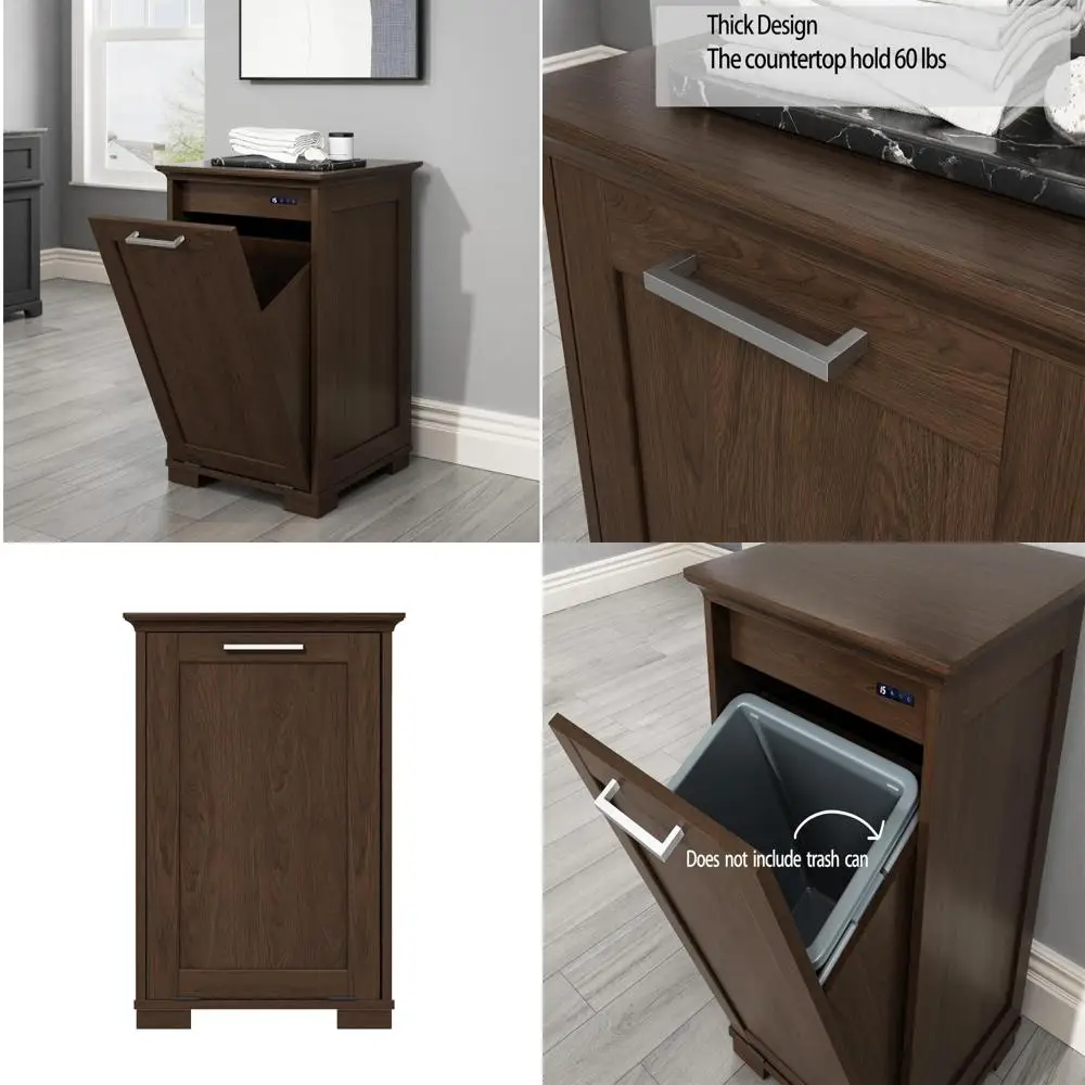 

Free Standing Wooden Tilt-Out Trash Cabinet, Kitchen Garbage Can Holder, Brown Finish, Space-Saving Design