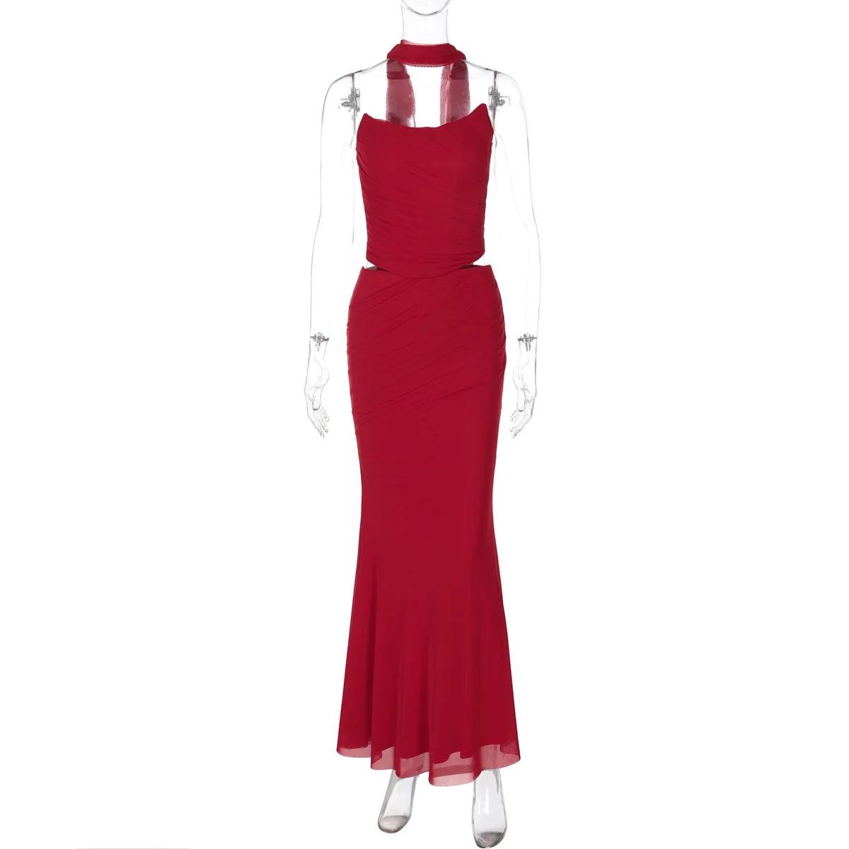 

Женский модный сетчатый комплект с эффектом обертывания вокруг талии, элегантный разноцветный облегающий костюм для клуба и вечеринок, комплект из двух предметов: сексуальный топ без бретелек и длинная юбка