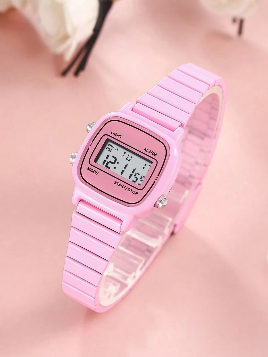 Fashionable Women's Square Pink Stainless Steel Band Electronic Watch, Multi-Function Sport Women's Calendar Digital Wrist
