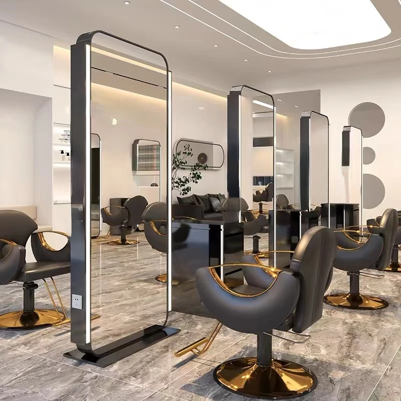 Floor LED Luxury Light LED Mirror Cabinet Hair Beauty Salon Furniture Barber Station barber chairs double side mirror