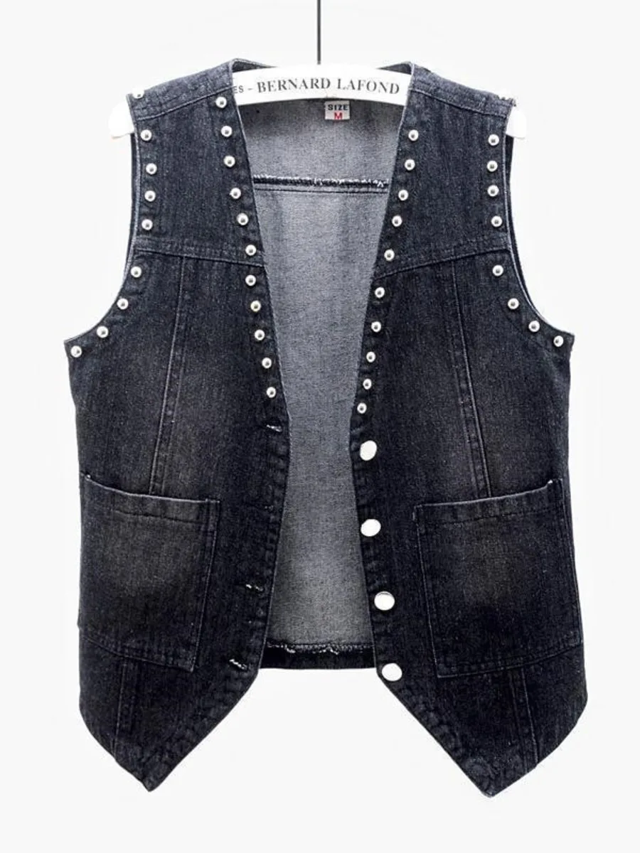 Vintage Rivet Sleeveless Jacket V-neck Denim Vest Women Spring Autumn Female  Short Jeans Coat Cowboy Waistcoat Female