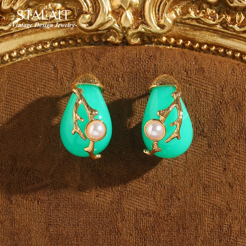 

Vintage Green Earrings Stone Enamel Pearl Branches Moon Night Light Gold Color Christmas Halloween Jewelry Trends 2025 New In