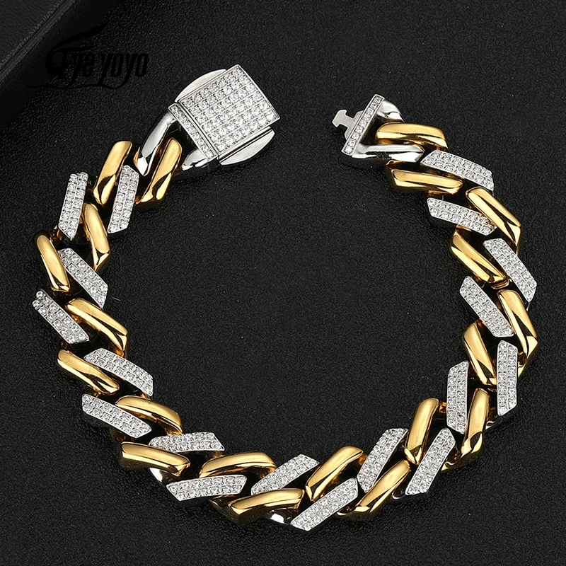 

NEW Stainless Steel Inlaid CNC Zircon Geometric Cuban Bracelet Hip Hop Bracelet Shiny Chunky Chain Bracelet Gold/Silver Color