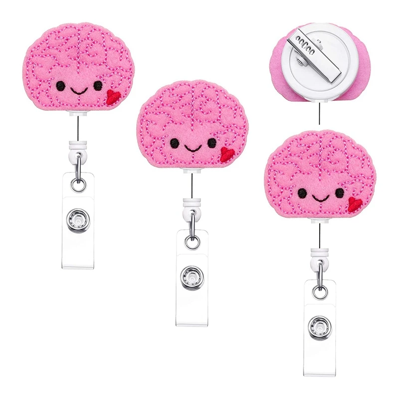 3 Pieces Brain Badge Reel Cute Felt Retractable Badge Holder ID Badge Reel Alligator Clip For Men Women, Nurse,