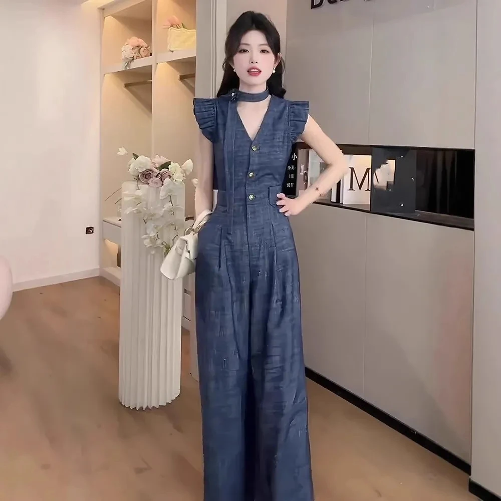 

Y2K Blue Denim Jumpsuit Women's Feifei Sleeve Wide Leg Romper Casual Fashion 2025 New Ladies Clothing Korean Chic Denim jumpsuit